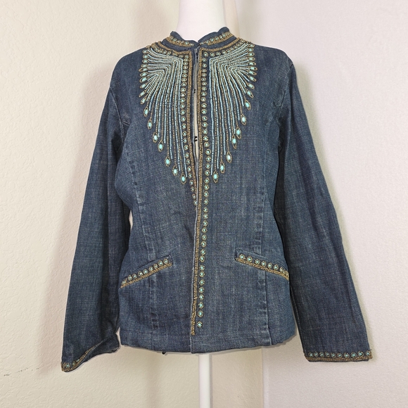Chico’s Embellished Denim Jacket Size 2 (M/L) – Boho Western Beaded Jean Jacket - Picture 1 of 12